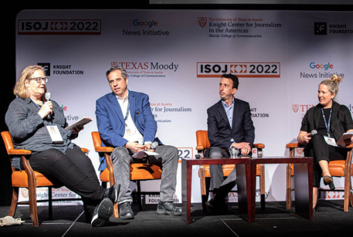 Emily Bell, Steven Waldman, David Skok, and Sarah Stonbely at ISOJ 2022