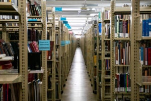 stacks of library books