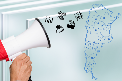 Megaphone next to a map of Argentina, with transparent glass as a background