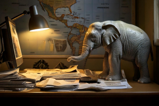 Illustration of a desk with newspapers on it, an elephant sculpture, a computer and a lamp, with a map of Latin America on the wall in the background.