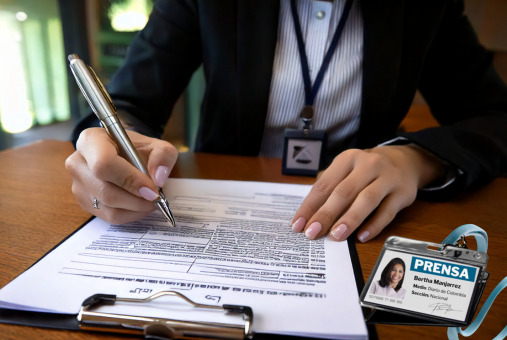 A close-up of a woman’s hand signing a work contract with a silver pen, while a press badge is placed on the table.