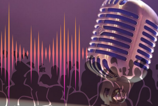 A vintage microphone in the foreground with a purple-lit background. Silhouettes of people and colorful sound waves overlay the image, symbolizing audio storytelling and audience engagement.